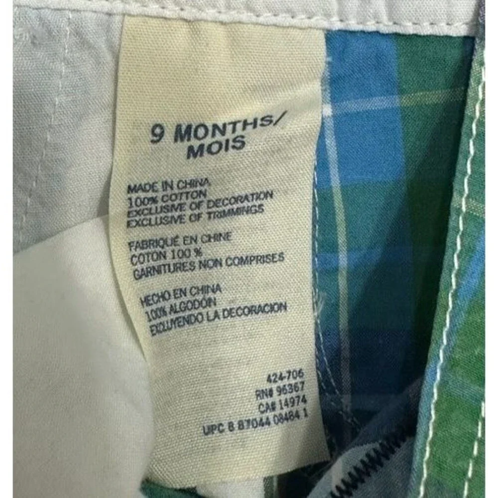 OshKosh B'gosh Baby Boy Shortalls 9 Months Blue Green Plaid One Piece 1990-2000